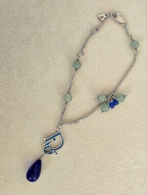 Authentic Dior Silver-tone Bracelet with Green Beads and Blue Charm